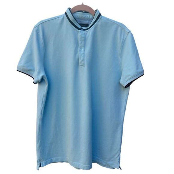 Gavin Bleu Mens Polo Shirt L Blue Short Sleeve Band Collar Button Placket Casual - Picture 1 of 11